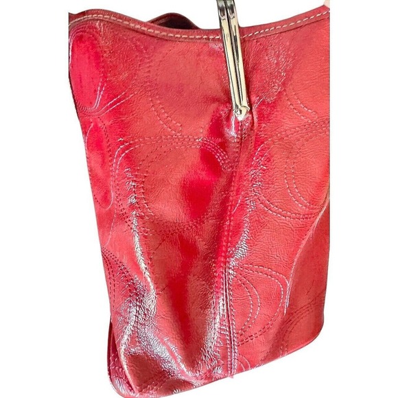 Coach Red Patent Leather Op Art Tote Bag Satchel Purse Designer Handbag 15x4x11" - Picture 7 of 16